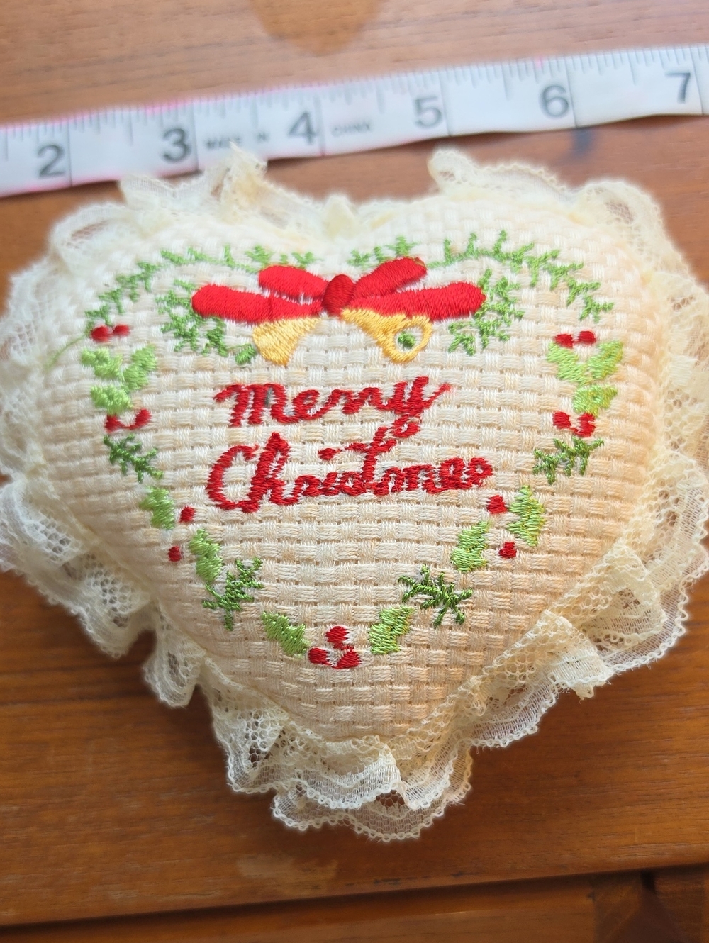 Vintaged Christmas Embroidered and Lace Heart Ornament - Handmade